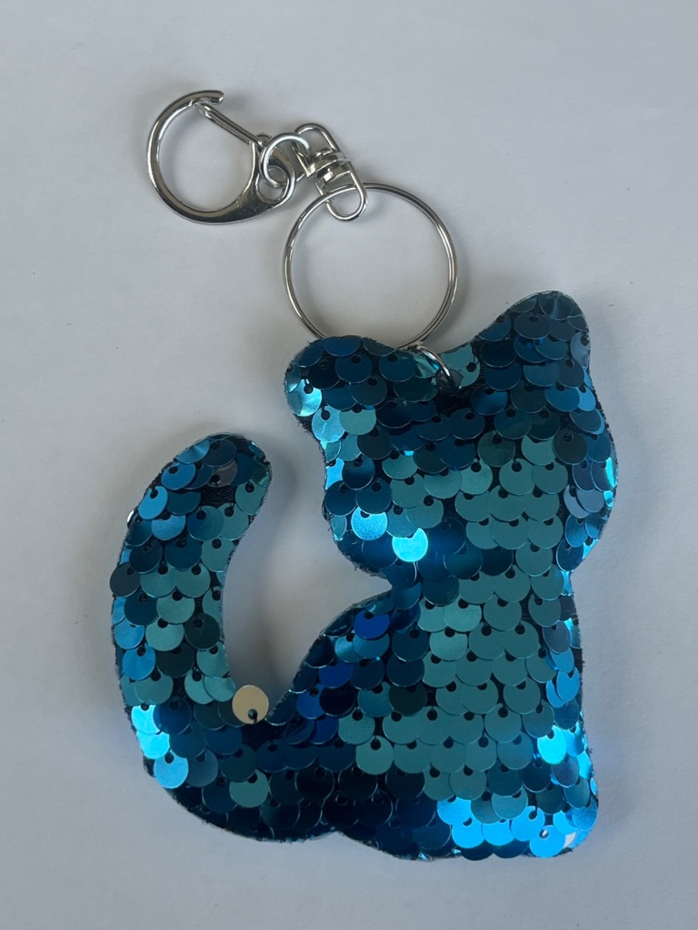 Sequin Cat Keychain Charm in Shimmering Blue Hand Crafted - Picture 2 of 4